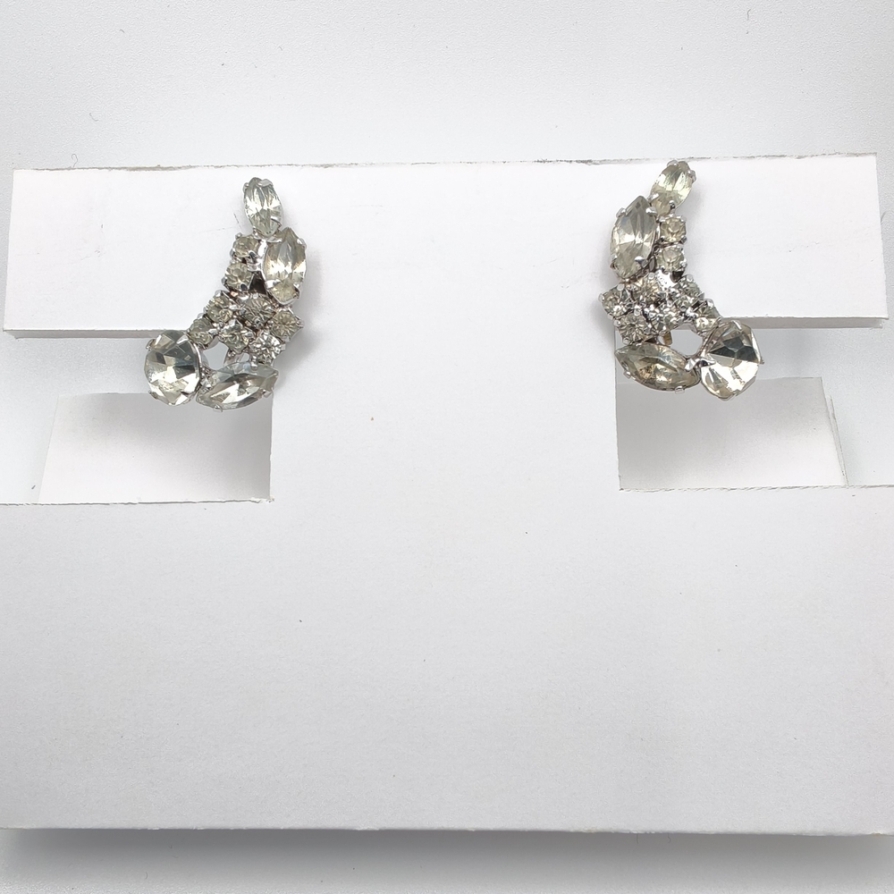 Vintage Continental Clear Rhinestone Ear Climber Clip-On Earrings